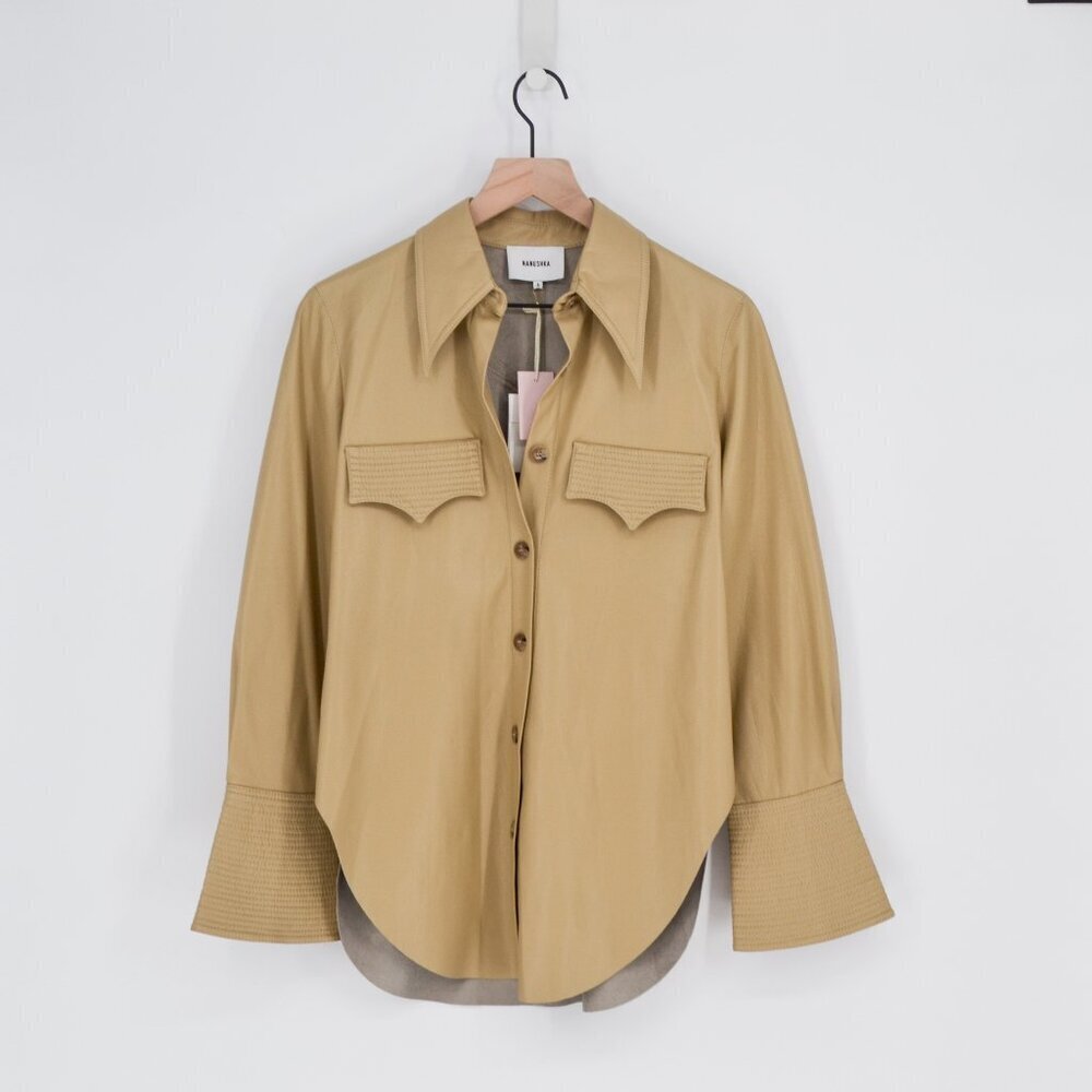 NEW Nanushka Elpi Vegan Leather Quilt Shirt Point Collar Western in Wax Yellow S